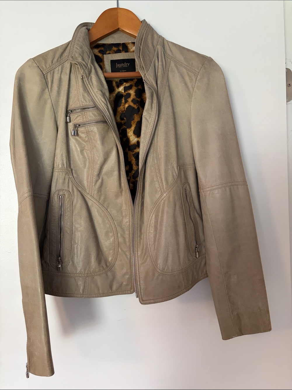 Laundry By Shelli Segal Taupe Leather Moto Jacket with Leopard Interior